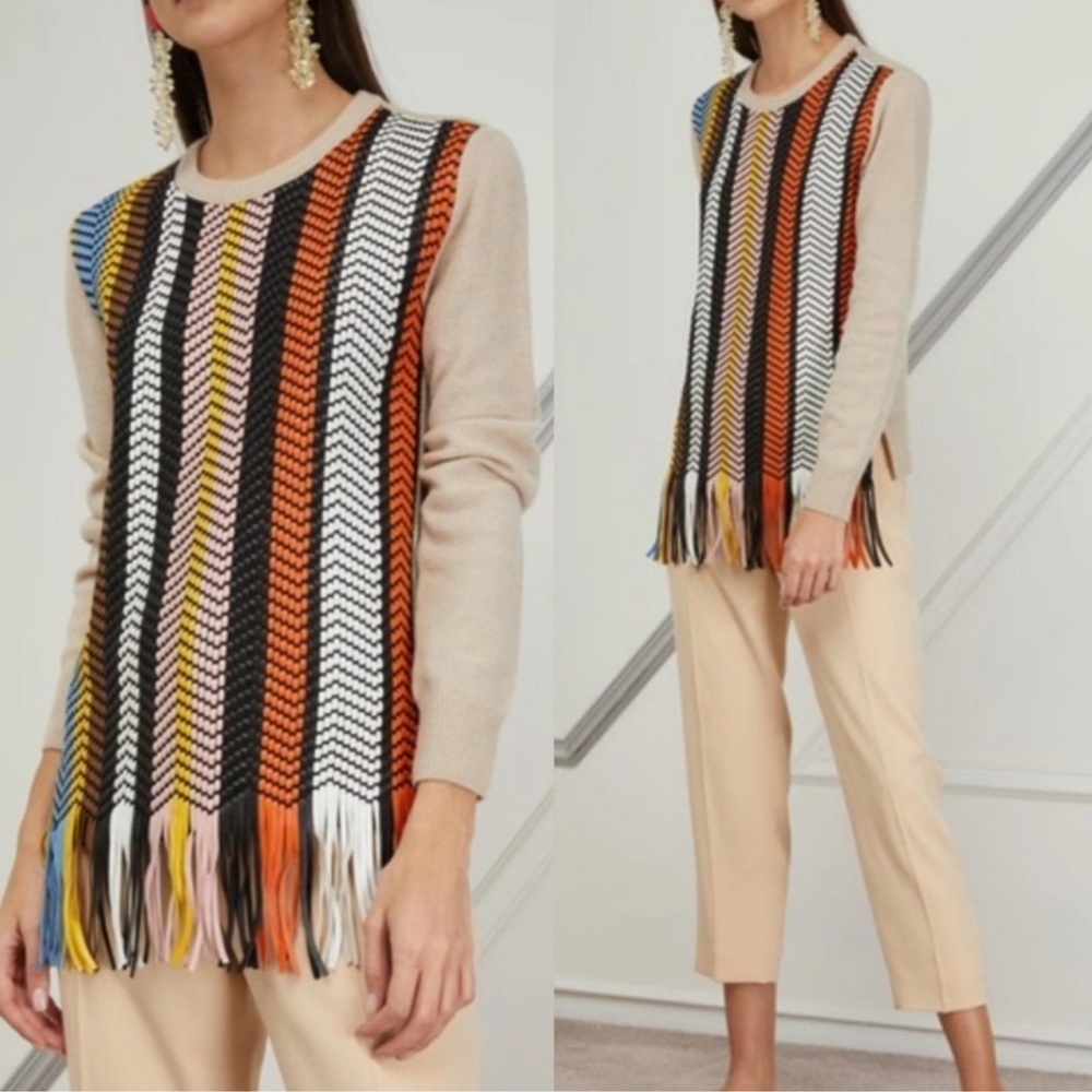 Tory Burch Fringe Knit Wool Cashmere Sweater Womens XXS Beige Multicolor Chevron